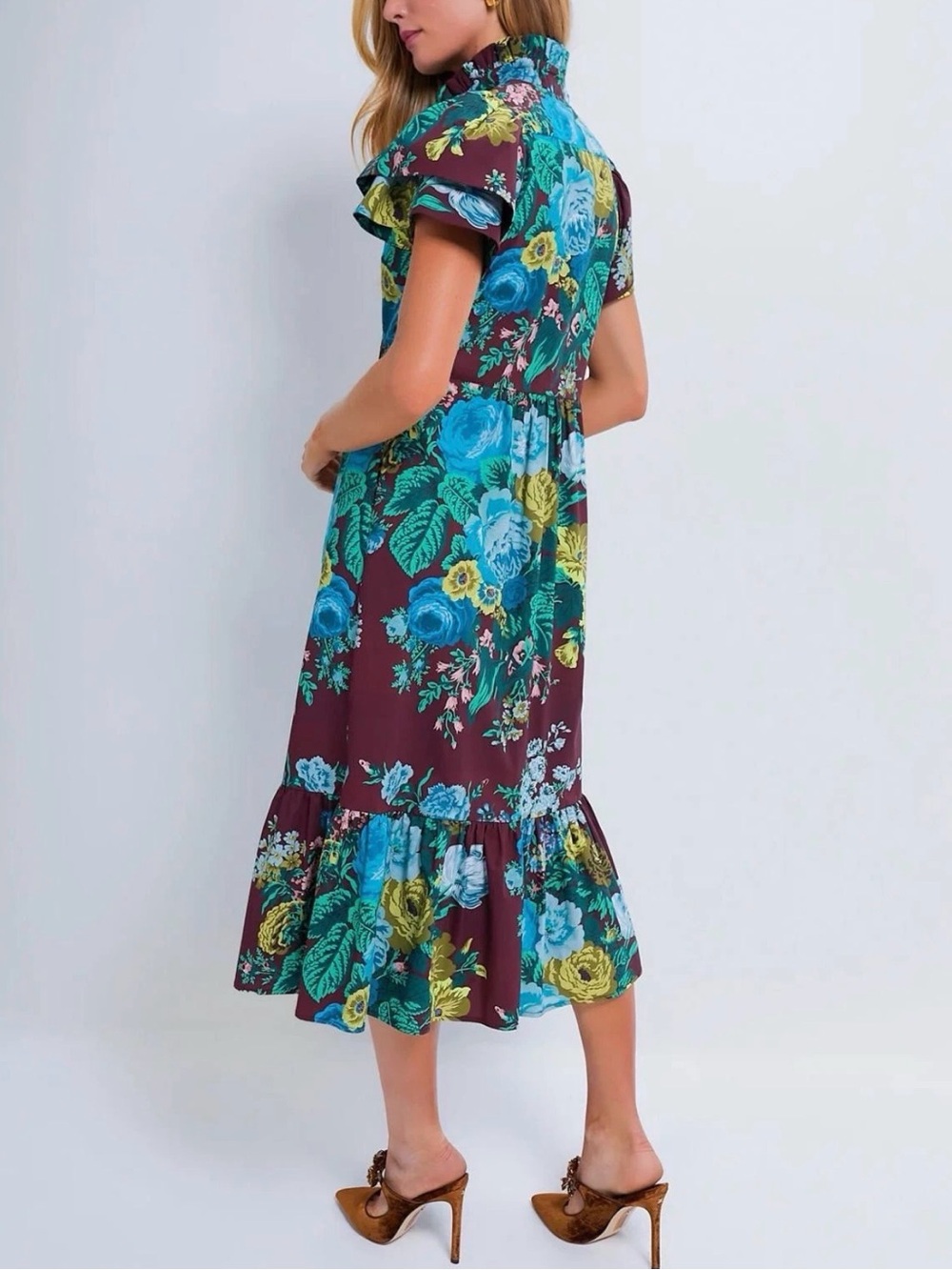 Tuckernuck Oxblood Merlot Floral Cotton Flutter Sleeve Midi Classic Dress Small - Picture 3 of 13